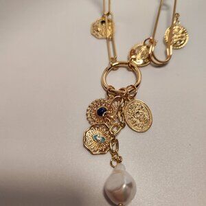 New gold plated charm necklace pearl, bee,coin, safety pin